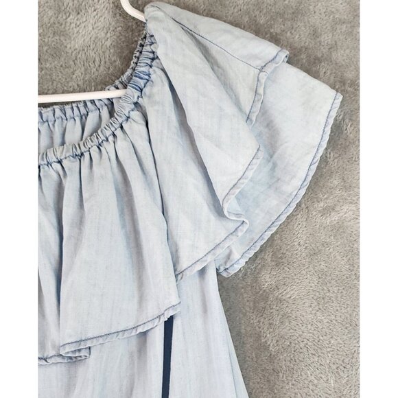 Sneak Peak Dress Womens Small Light Blue Chambray Off the Shoulder Casual Mini - Picture 8 of 11